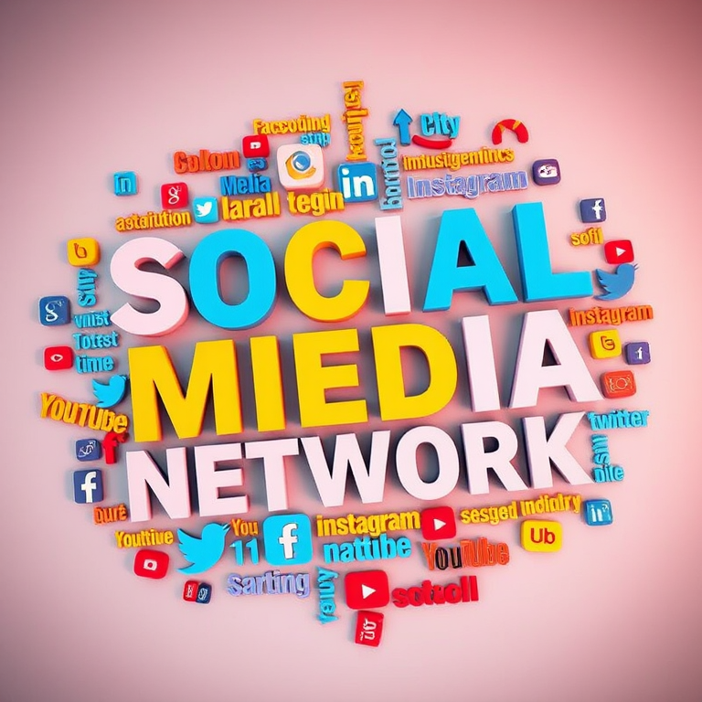 Create a vibrant word cloud with the words "SOCIAL," "MEDIA," "MARKETING," "NETWORK," and various social media platform names like "Facebook," "Instagram," "Twitter," and "YouTube," using a Canon EOS R5 camera, aperture f/8, ISO 100, and a wide-angle lens, featuring a top-down view with soft, diffused lighting to enhance clarity and color vibrancy.