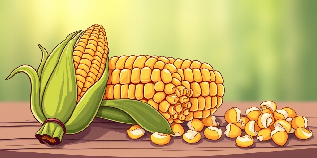 Create a colorful illustration of corn on the cob with cartoonish style, showing three stages: the whole cob, a slightly opened cob with kernels, and popped corn scattered around, use a DSLR camera with a 50mm lens, f/2.8 aperture, ISO 100, natural lighting, and a shallow depth of field to enhance image quality.