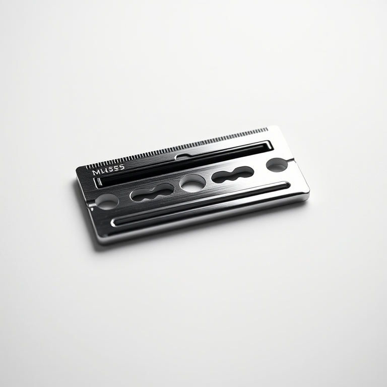 create a hyper-realistic close-up image of a razor blade on a plain white background, using a Canon EOS R5 with a 50mm f/1.2 lens, aperture set to f/2.8, ISO 100, and a shutter speed of 1/200 sec, with soft studio lighting to enhance reflections and details