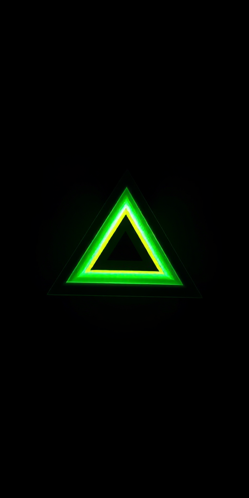 generate a 3D optical illusion of a green and yellow Penrose triangle on a black background with a soft-focus effect, using a Canon EOS R5, 50mm lens, f/2.8 aperture, ISO 100, and HDR photography techniques for enhanced detail and contrast