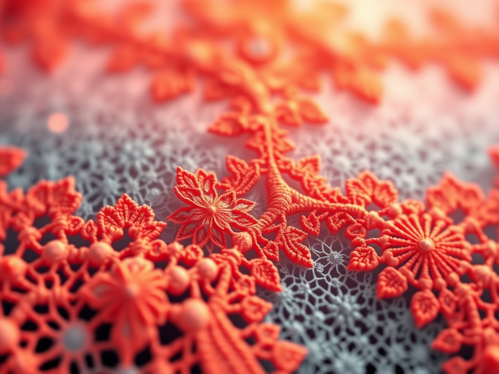 Create a high-resolution fractal image featuring intricate lace patterns in warm colors with a soft focus background, captured with a DSLR camera at f/8 aperture, ISO 100, with a 50mm lens and a view from a slightly elevated angle.