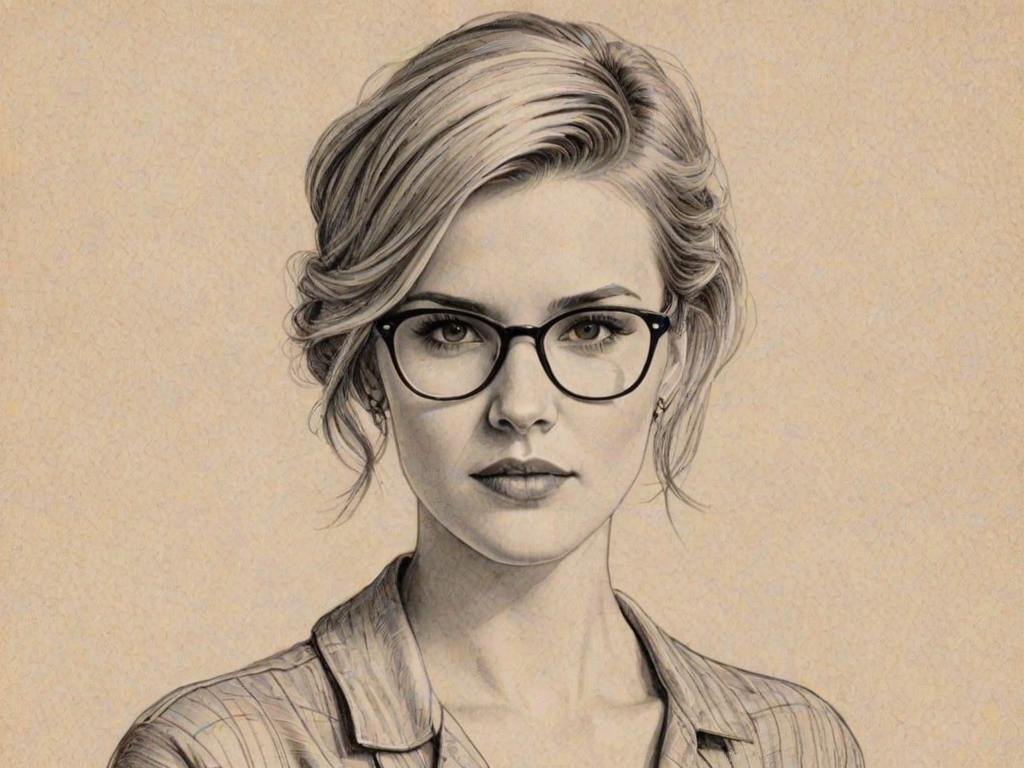 Captivating Maggie Grace, pencil sketch, portrait of Charming woman 1932s in glasses, hair style beatnik, outline, clear lines, fine lines, 8k
