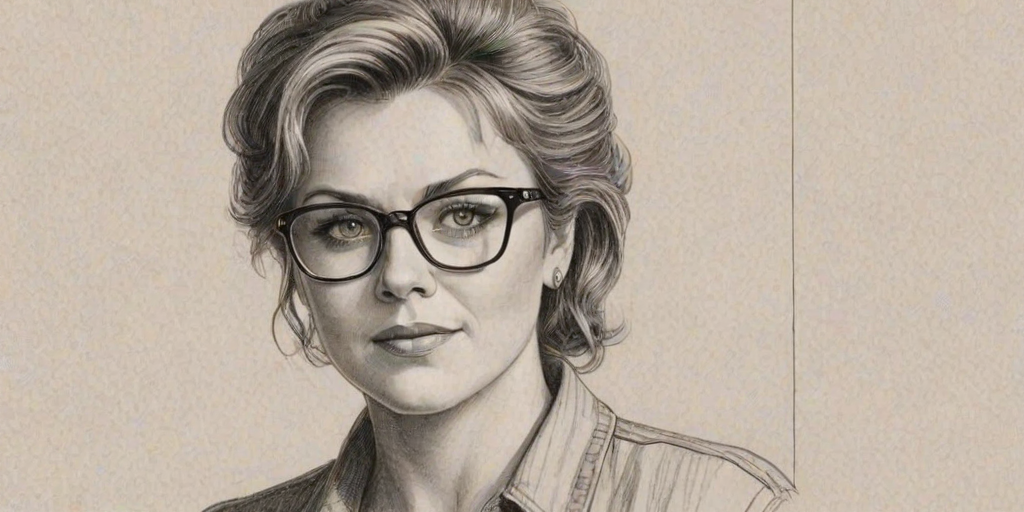Enticing Amanda Tapping, pencil sketch, portrait of Delightful woman 1952s in glasses, hair style beatnik, outline, clear lines, fine lines, 8k
