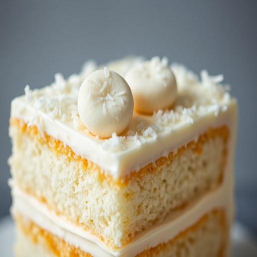 A close-up of a slice of white cake with layers of creamy frosting and a sprinkle of shredded coconut on top, featuring a small round decorative coconut treat resting on the cake's surface. The cake has a moist texture and a light, airy appearance, showcasing its delicious layers.