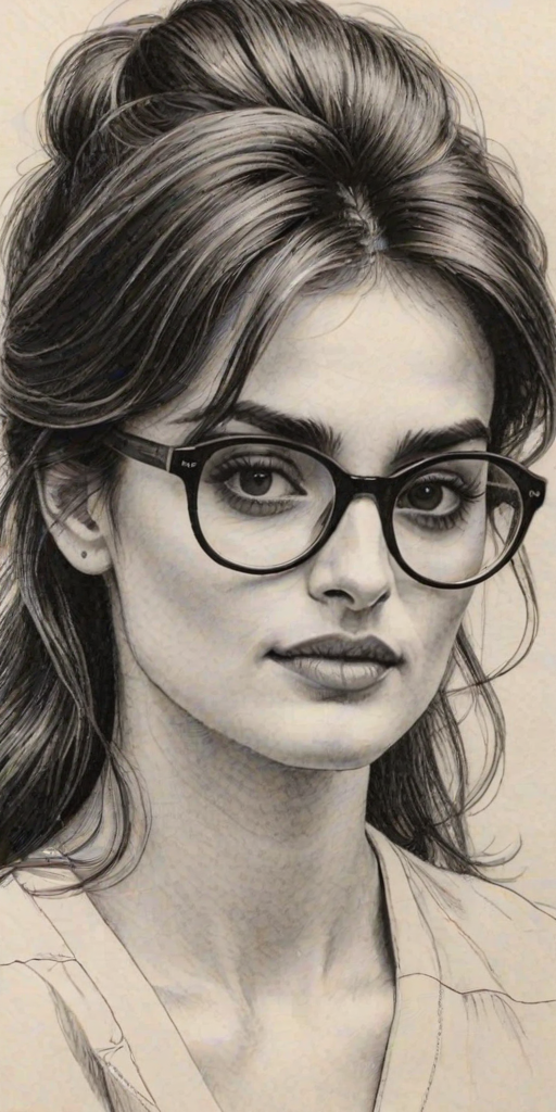Enchanting Pen'lope Cruz, pencil sketch, portrait of Charming woman 1980s in glasses, hair style beatnik, outline, clear lines, fine lines, 8k