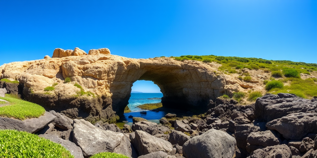 Capture a coastal rock arch with clear blue sky and vibrant green landscape, use a wide-angle lens at f/8 for depth of field, ISO 200, 1/200 sec shutter speed, camera type: DSLR, view: low angle to emphasize the arch and surrounding rocks.