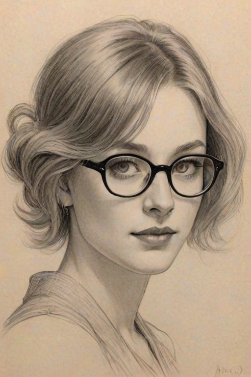 Magnificent Jessica Cauffiel, pencil sketch, portrait of Lovely woman 1923s in glasses, hair style beatnik, outline, clear lines, fine lines, 8k