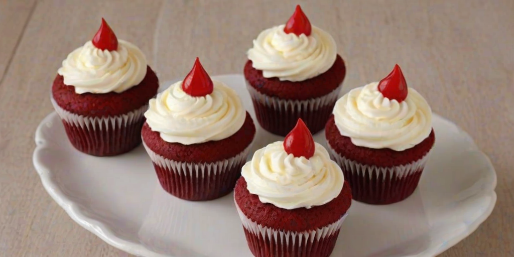 Generate an image of red velvet cupcakes with creamy white frosting. Some cupcakes should be whole, while one is partially eaten, showing the rich red interior. The setting should be light and inviting, with a soft background to emphasize the cupcakes.