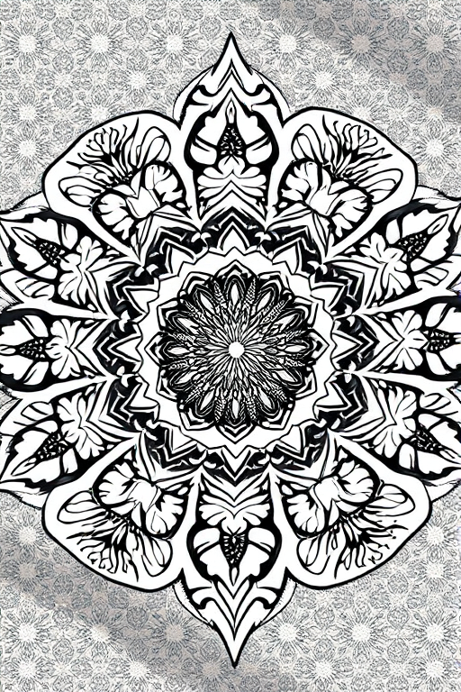 Create a high-resolution black and white mandala design featuring intricate floral patterns and geometric shapes using a Canon EOS R5 with a 50mm f/1.2 lens, aperture set to f/8, ISO 100, shot from a top-down perspective in soft natural light.