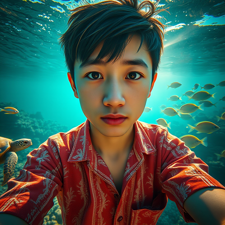 Realistic selfie image of a Singaporean, wearing a vintage outfit, detailed dreamy eyes, droopy hooded eyes, staring at the camera, taken underwater at coral reef with a sunbeam filtering through the water, vibrant, summer vacation, natural lighting, turtle and school of tropical fish with vibrant colors, rendered in the style of CryEngine, Pegi Nicol MacLeod, with realistic genre scenes, hauntingly beautiful narratives, ultra-realism, and Thomas Saliot's close-up technique, 8K resolution, crystal clear and sparkling water.