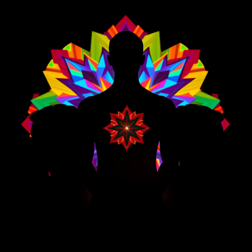 Create a high-resolution digital art piece featuring three abstract human figures with vibrant geometric patterns behind a silhouette, using a Canon EOS R5, 24mm lens, f/8 aperture, ISO 100, and soft studio lighting for depth and clarity.