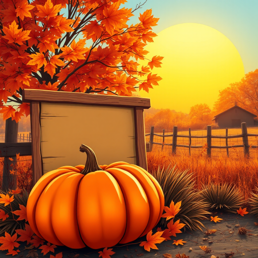 Generate a vibrant autumn-themed illustration featuring a large orange pumpkin beside a blank wooden sign, warm yellow sun in the background, captured with a DSLR camera at f/4, ISO 100, shutter speed 1/200s, wide-angle view, and a soft focus style to enhance color richness and detail.