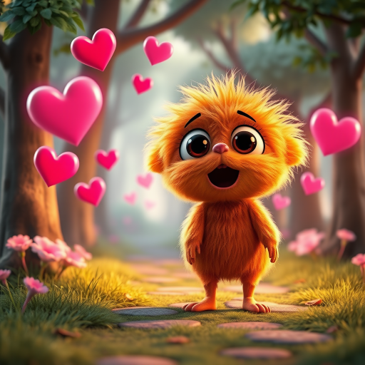 A fluffy orange creature with large eyes and a wide open mouth stands on a path in a whimsical forest, bright pink and red hearts float through the air, the creature has a surprised expression, the light is warm and soft, photorealistic, digital art, 3D style