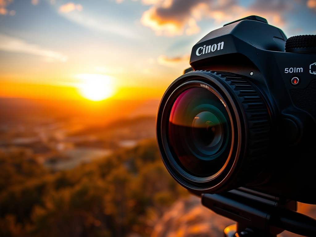Capture a high-resolution image of a scenic landscape during golden hour with a DSLR camera, using a 50mm lens, aperture f/1.8, ISO 100, and a shutter speed of 1/200s, focusing on vibrant colors and sharp details.