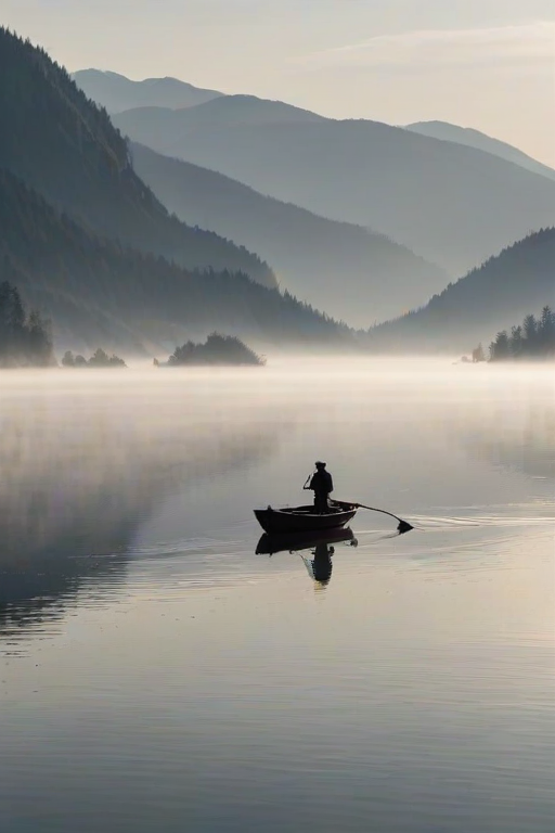 Low-contrast, foggy morning scene of a small fishing boat on a still lake, the silhouette of the fisherman barely visible, mist rising from the water, distant mountains blurred by the fog, the sound of quiet ripples as the boat gently rocks.