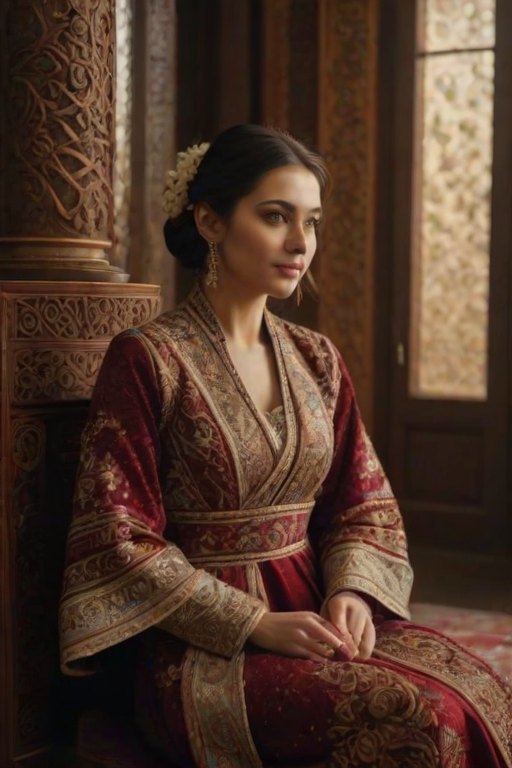 A beautiful Armenian woman in traditional East Asian attire, intricately detailed with embroidered patterns, sitting gracefully in a richly decorated room, soft ambient lighting, serene and elegant, ultra-realistic, 8K resolution
