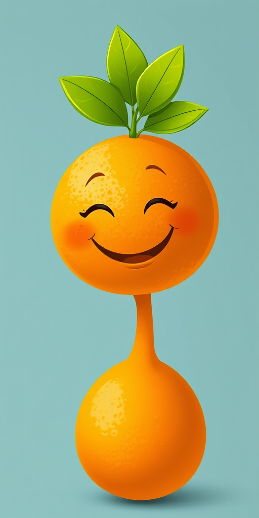 Create an illustration of a smiling orange with green leaves on top, using a wide-angle lens at f/2.8 for shallow depth of field, ISO 100 for crisp clarity, and a soft focus background to enhance the vibrant colors and playful expression.