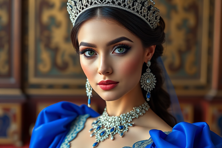 A gorgeous Uyghur woman in a luxurious blue gown, accessorized with a dazzling tiara and statement earrings, her deep green eyes highlighted by impeccable makeup, poised in a royal setting, photorealistic, 8K quality
