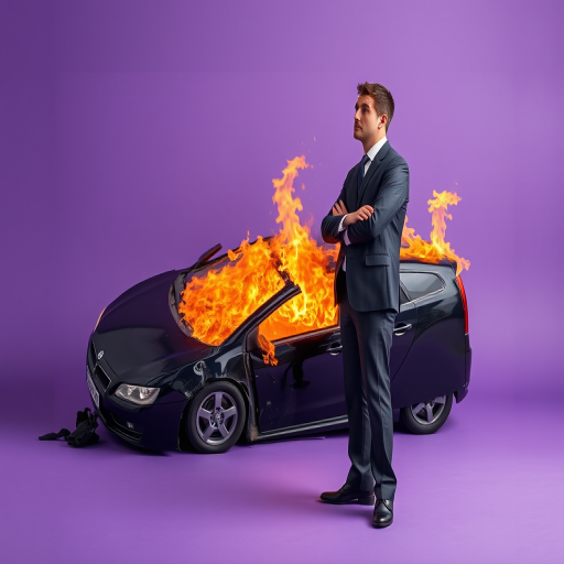 A businessman in a disheveled suit stands in shock next to an overturned black car engulfed in flames on a minimalistic purple background, shot with a DSLR camera at f/4.0 aperture, 50mm lens, ISO 200, in natural lighting for enhanced image quality.