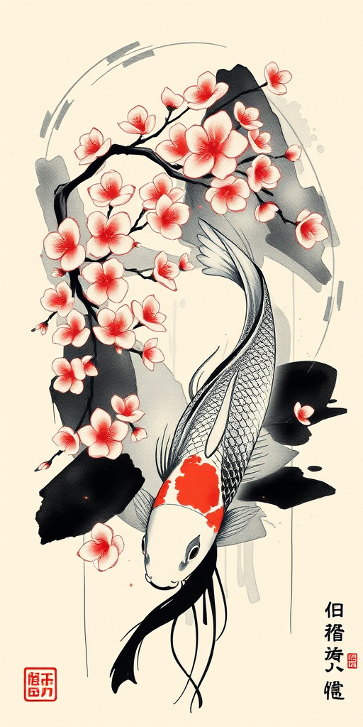 Japanese-inspired brush stroke tattoo depicting a serene koi pond with cherry blossoms, combining traditional sumi-e techniques with modern abstract elements for a unique fusion style