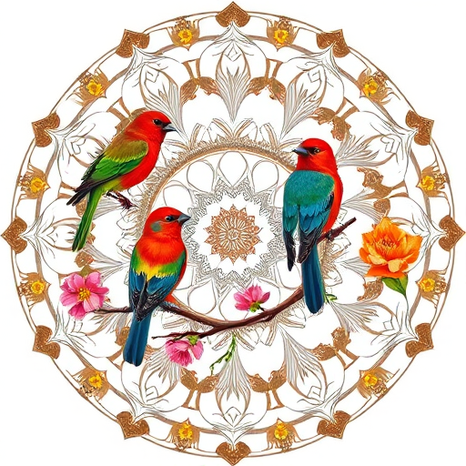 Generate a detailed mandala design featuring colorful birds perched on intricately designed branches with flowers, using a Nikon D850 camera, 50mm lens, f/8 aperture, ISO 200, and a circular perspective view for enhanced clarity and quality.
