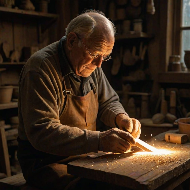 Warmly lit image of an elderly man carving a wooden figure in a dimly lit workshop, soft glow from a nearby lamp casting shadows on his weathered hands, the smell of sawdust filling the air.