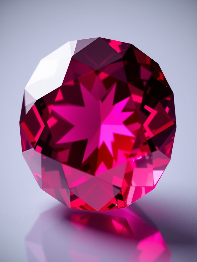 Create a high-resolution 3D render of a ruby gemstone with intricate facets and reflections, using a macro lens at f/2.8, 100mm focal length, and a softbox lighting setup to enhance clarity and depth.
