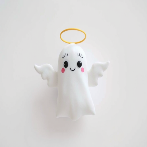 Create a cute ghost character with a halo and wings, set against a simple white background, using a DSLR camera with a 50mm lens at f/1.8, ISO 100, shooting in natural light, top-down view for a whimsical effect.