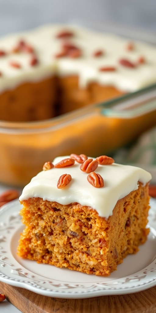 Carrot cake slice topped with cream cheese frosting and chopped pecans on a decorative white plate with a blurred background of more cake in a baking dish