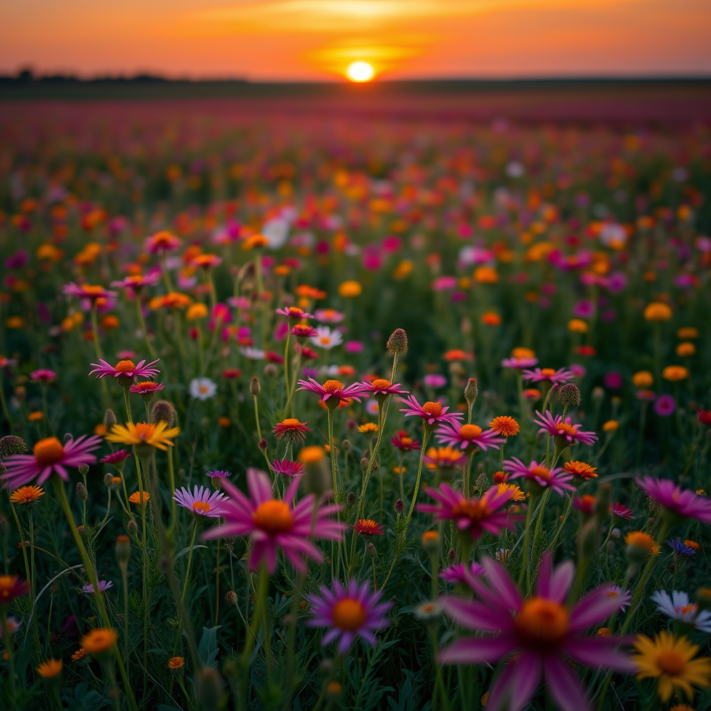 wildflower field at sunset, vibrant colors, with a soft focus effect, shot with a Canon EOS R5, 50mm lens, aperture f/1.8, ISO 100, high dynamic range, aerial view