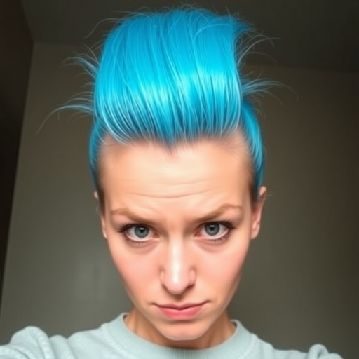Image of a woman with their hair styled upright,  in a cylinder shape. The hair  color is neon blue and appears to be held in place by a hair product, giving it a fluffy texture. The background is nondescript, and the person's face is looking at the viewer nervously.