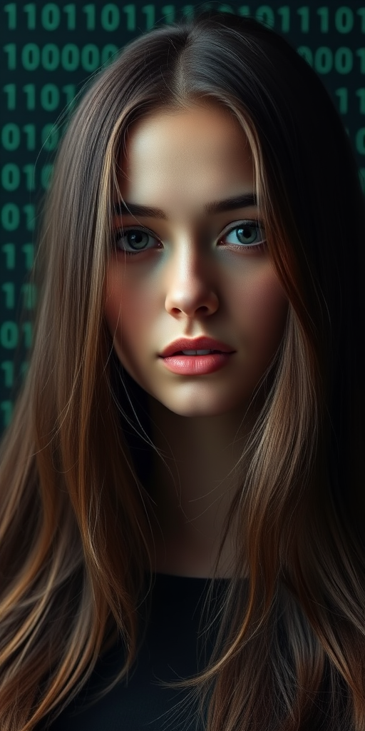 A portrait of a woman with long hair partially covering her face, set against a dark green background with binary code patterns, captured with a DSLR camera at 50mm focal length, f/1.8 aperture, ISO 100, in soft diffused lighting.