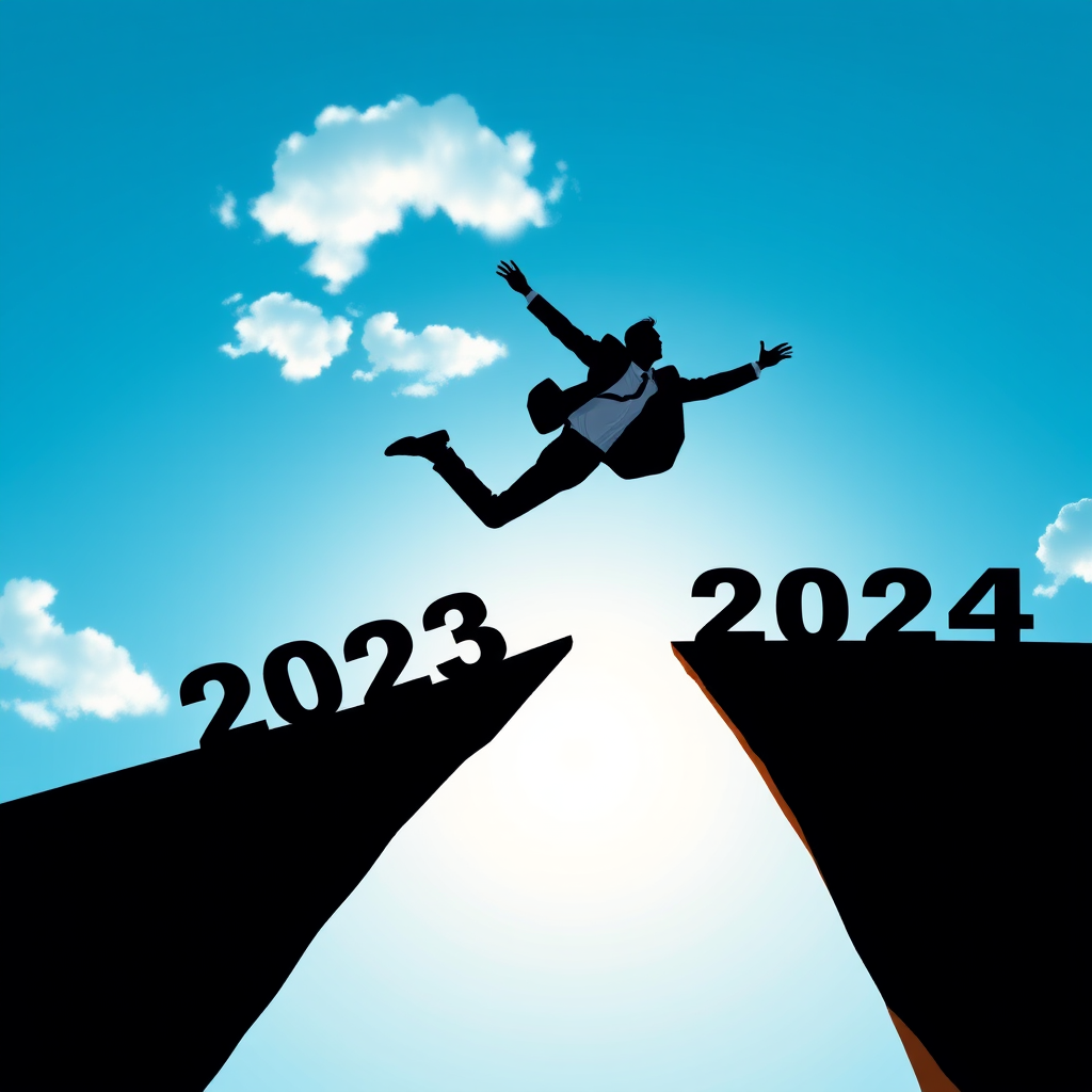 Create a minimalist digital illustration of a person in a suit jumping from the year 2023 to 2024, silhouetted against a blue sky with a few clouds and the sun, using a wide-angle lens, f/8 aperture, ISO 100, and a high-resolution digital format for clarity.