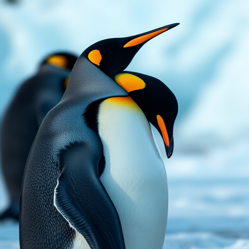 Create a high-resolution digital illustration of a proud emperor penguin standing upright, with vibrant yellow and black feathers, captured in soft natural lighting, using a DSLR camera with a 50mm lens at f/2.8, ISO 100, and a shallow depth of field to emphasize the penguin against a blurred icy background.