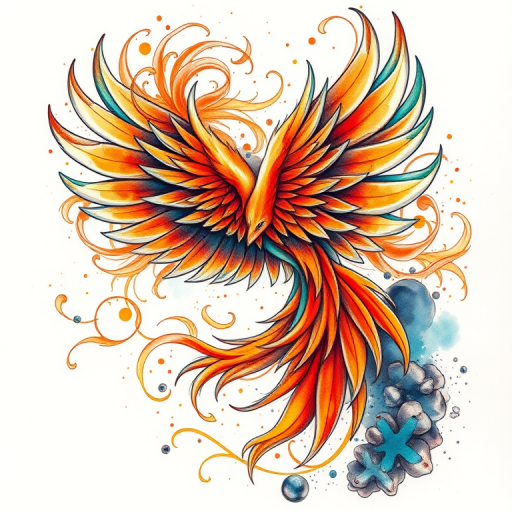 Vibrant watercolor tattoo depicting a majestic phoenix rising from ashes, feathers blending into swirling abstract patterns, iridescent hues of orange and teal, intricate details in negative space