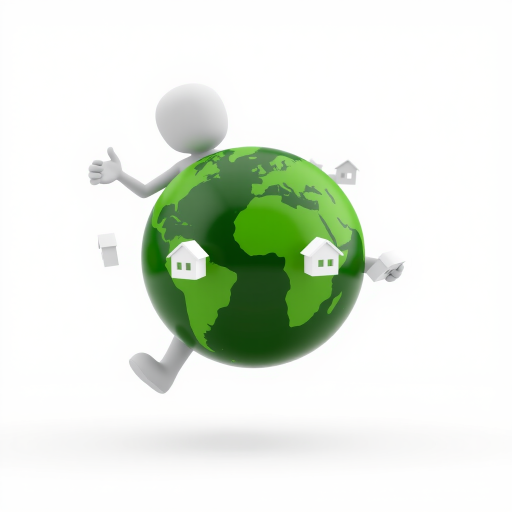 Create a 3D rendering of a stylized humanoid figure juggling a green Earth globe, with small white house icons orbiting around it, using a Canon EOS R5 camera, aperture f/8, ISO 100, focal length 50mm, soft lighting, and a clean white background for high clarity and detail.