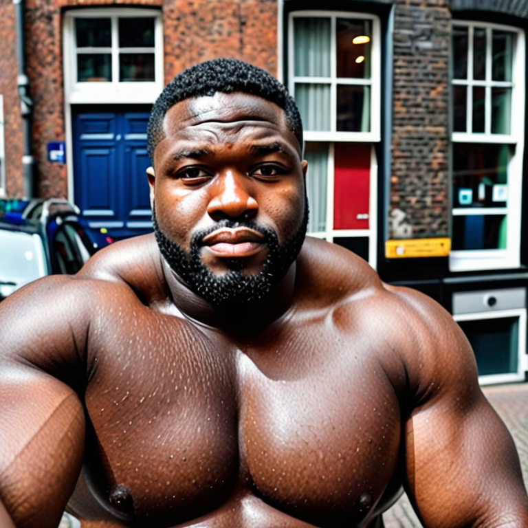 big muscular black man with fat face and scars taking a selfie in amsterdam