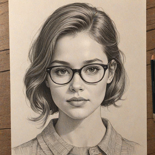 Charming Cailee Spaeny, pencil sketch, portrait of Captivating woman 1960s in glasses, hair style beatnik, outline, clear lines, fine lines, 8k