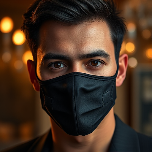Generate a high-resolution portrait of a man wearing a half-black mask, with dramatic lighting and a blurred elegant background, using a Canon EOS R5 camera with a 50mm f/1.2 lens, aperture set to f/1.2, ISO 100, and a warm color palette to enhance facial features and textures.