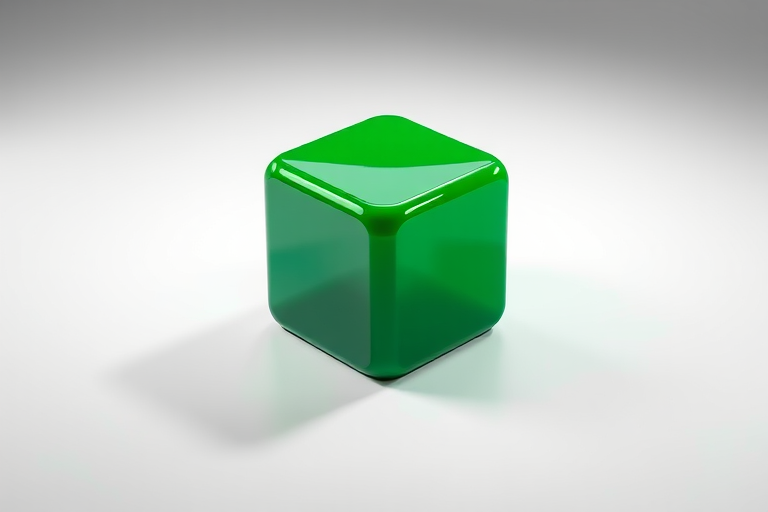 Create a 3D rendering of a glossy green cube with reflections and shadows, using a Canon EOS R5 with a 50mm f/1.8 lens, aperture set to f/4, ISO 100, in a studio setting with softbox lighting for enhanced clarity and texture.