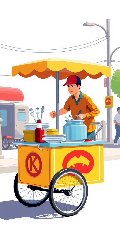 Create a vibrant illustration of a street food vendor pushing a colorful yellow cart with items like plates, a pot, ketchup, and utensils, using a wide-angle lens, f-stop of 4.0, ISO 200, shot in bright daylight for enhanced color contrast, in a flat design style with bold outlines and minimal shadows.