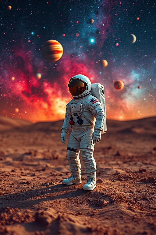 Astronaut standing on a barren planet with a vivid cosmic background filled with colorful stars and planets, use a DSLR camera with 24mm lens, f/8 aperture, ISO 100, shot from a low angle perspective for depth, high dynamic range imaging to enhance details and colors.