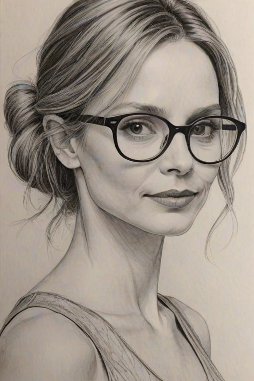 Graceful Calista Flockhart, pencil sketch, portrait of Graceful woman 1980s in glasses, hair style beatnik, outline, clear lines, fine lines, 8k
