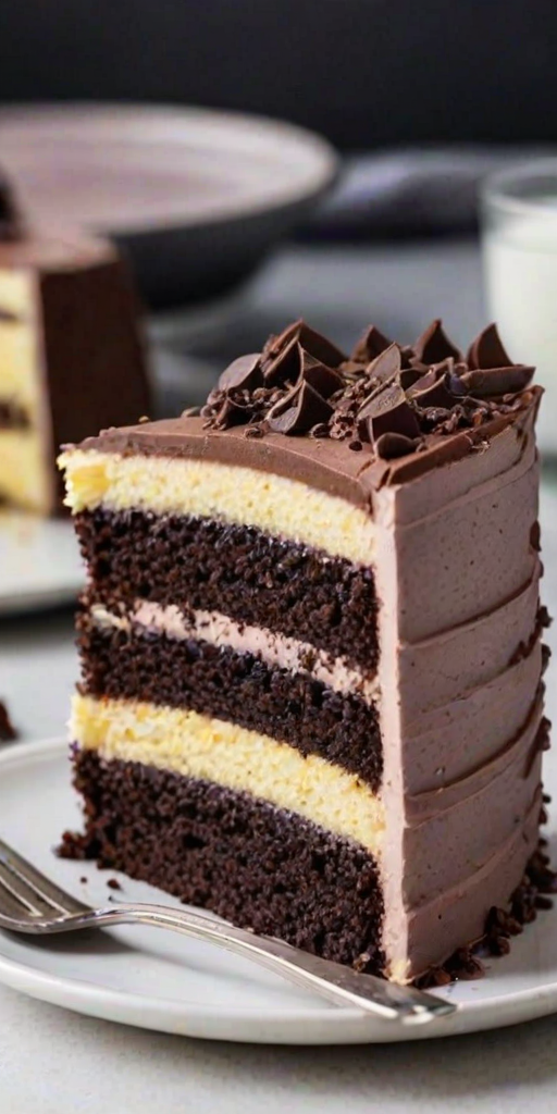 Generate an image of a slice of layered cake with a creamy texture. The cake has a light yellow interior with dark chocolate cookie crumbs mixed in. The outer layer is a smooth, light purple frosting, and the slice is presented on a simple plate, showcasing its fluffy and moist appearance.