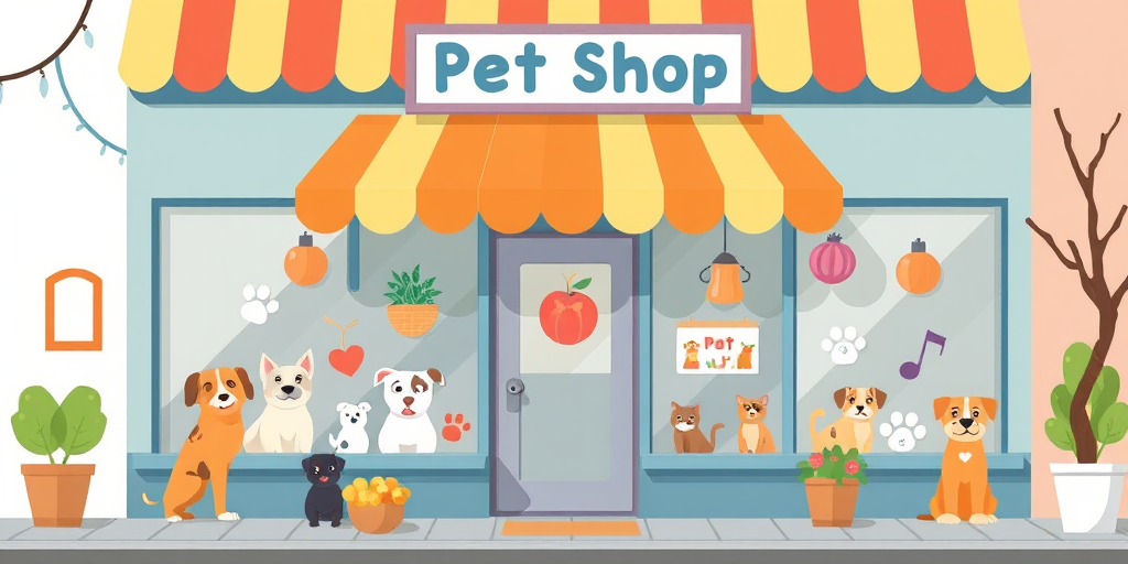 create an illustration of a pet shop with a charming exterior featuring a vibrant striped awning and various pets in the windows, use a DSLR camera with a focal length of 35mm, aperture set to f/8 for depth of field, shot at eye level to capture details and colors vividly, in a flat design style with a clean background and playful elements, ensuring high resolution for clarity