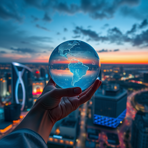 Generate a futuristic cityscape at dusk with a hand holding a transparent globe filled with digital icons, using a Canon EOS R5 with an 85mm f/1.2 lens, ISO 200, aperture f/8, and a long exposure to enhance light trails, taken from a high vantage point for a dramatic perspective.