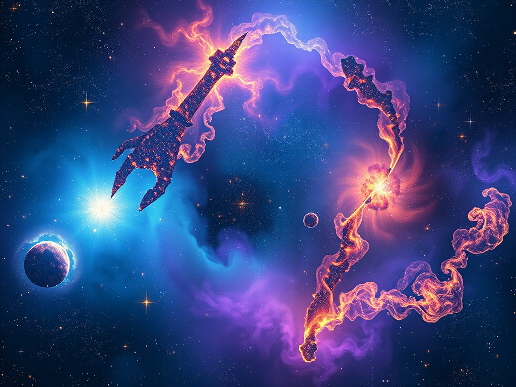 a vibrant cosmic scene depicting nebulae and stars with swirling colors of blue, purple, and gold in a vast space backdrop