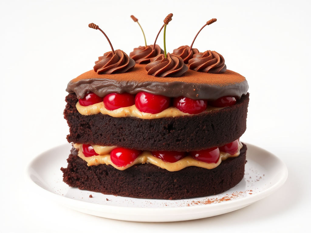 A delicious two-layer chocolate cake with a creamy filling and cherries, topped with chocolate frosting and a dusting of cocoa powder, presented on a simple white plate against a neutral background.
