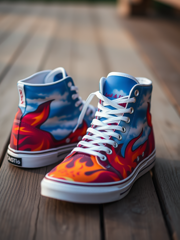 High-top sneakers with vibrant flame and sky graphics, photographed with a Canon EOS R5, 50mm lens, f/1.8, ISO 100, natural lighting, shallow depth of field, angled view to emphasize details on wooden surface.