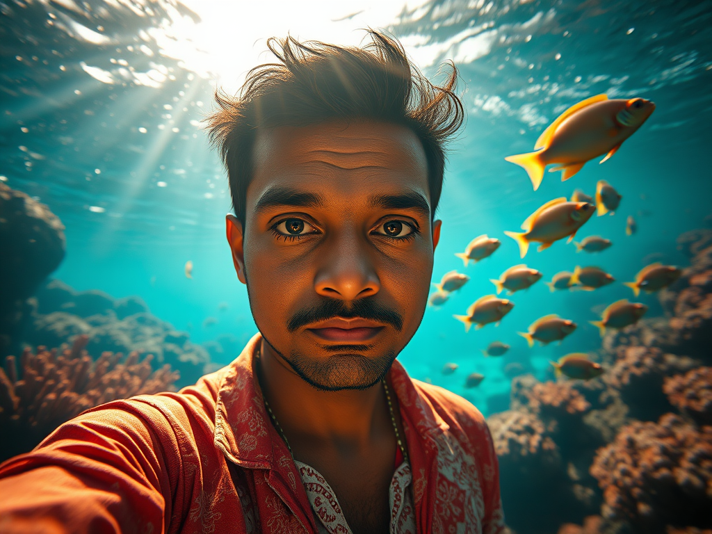 Realistic selfie image of a Sri Lankan, wearing a vintage outfit, detailed dreamy eyes, droopy hooded eyes, staring at the camera, taken underwater at coral reef with a sunbeam filtering through the water, vibrant, summer vacation, natural lighting, turtle and school of tropical fish with vibrant colors, rendered in the style of CryEngine, Pegi Nicol MacLeod, with realistic genre scenes, hauntingly beautiful narratives, ultra-realism, and Thomas Saliot's close-up technique, 8K resolution, crystal clear and sparkling water.